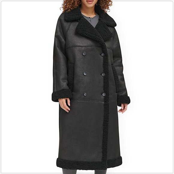Levi's Black Long Notch Collar Faux Shearling Sherpa Trimmed Winter Coat NWT XS - Picture 1 of 9